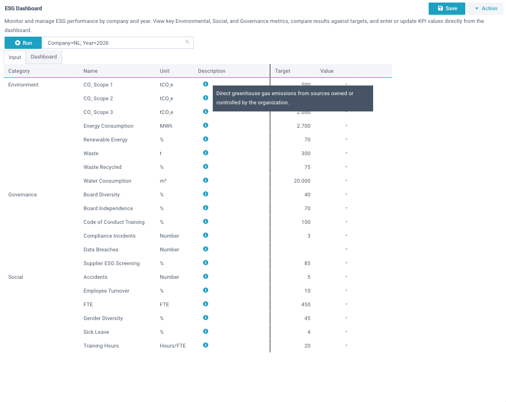 ESG data entry model in XLReporting