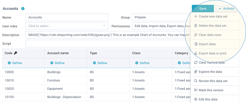 screenshot define datasets actions