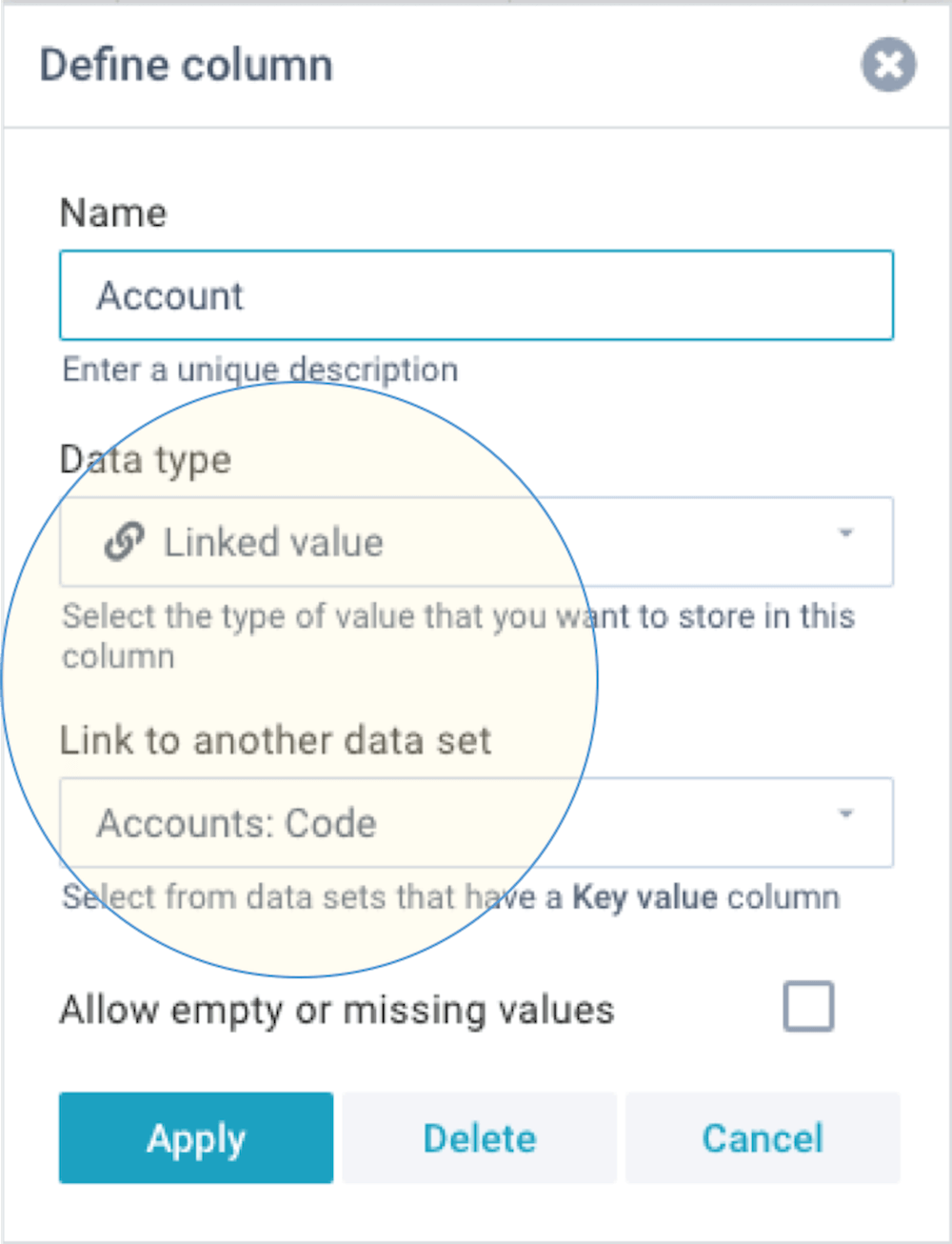 screenshot define datasets columns linked