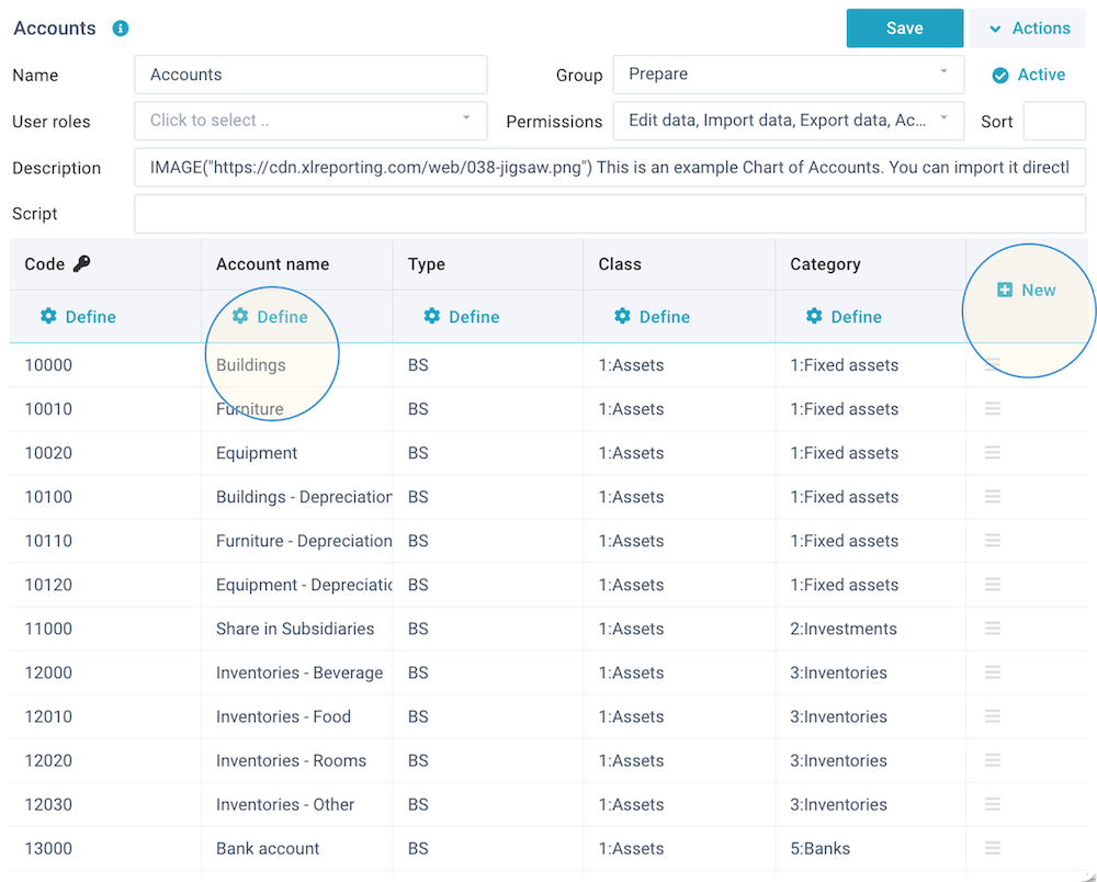 screenshot define datasets columns