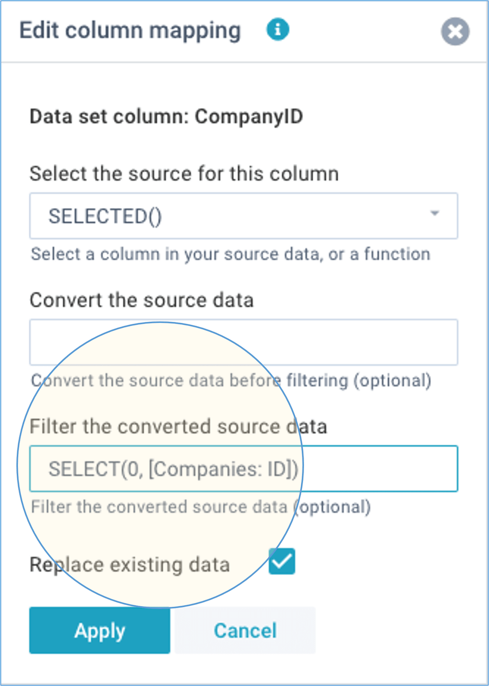 screenshot define import columns select