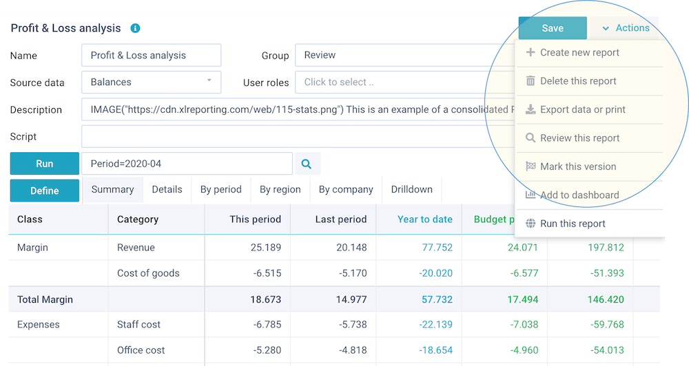 screenshot define reports actions