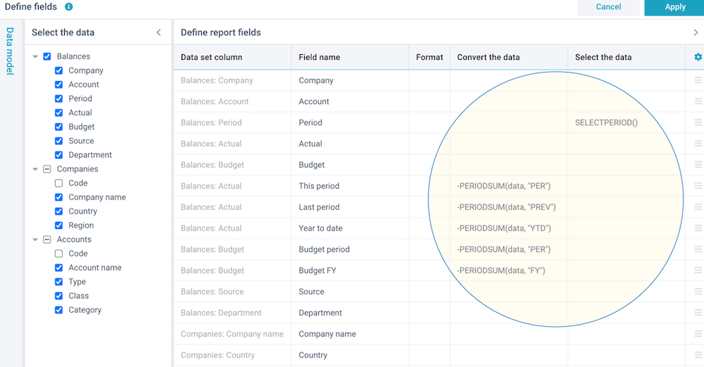 screenshot define reports fields