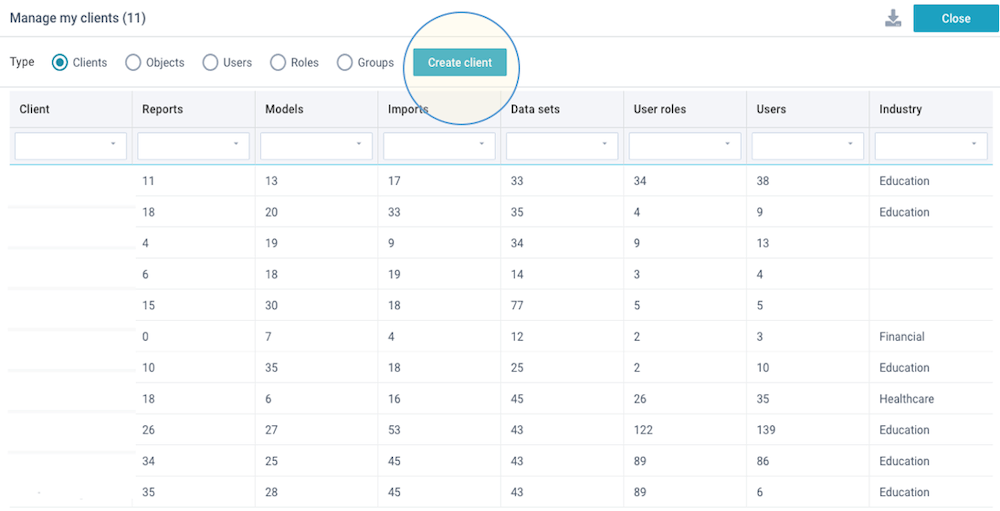 screenshot manage clients create